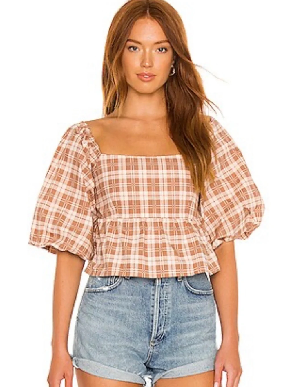 Faithfull the Brand Tan & Cream Plaid Square-Neck Peplum Blouse